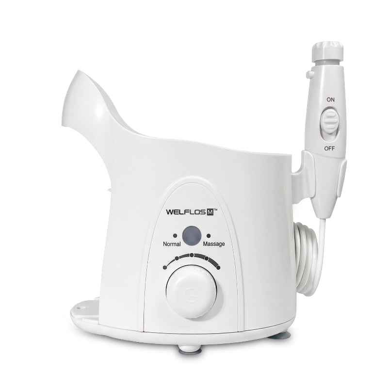A white Welflos water flosser with its handheld wand attachment, shown on a clean white background.