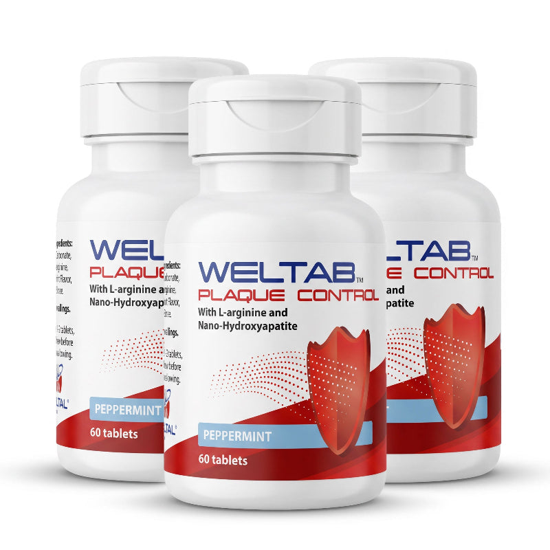 Three white plastic bottles of Weltab Plaque Control water flosser tablets with a white cap, featuring a red and white label with the brand name and product details.