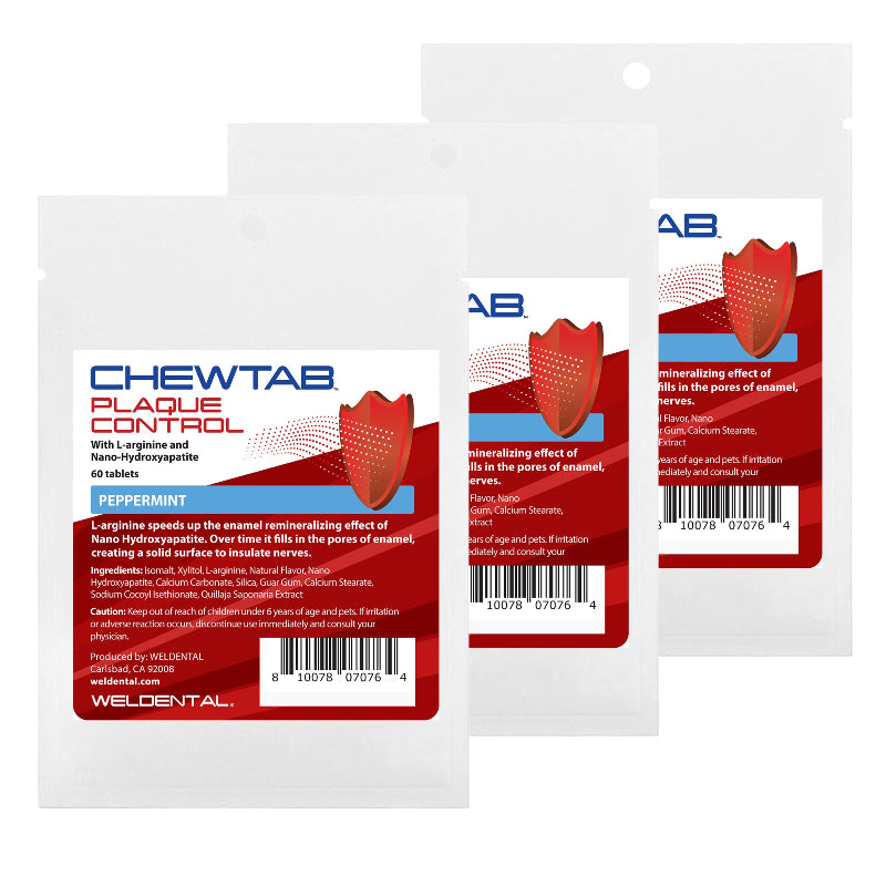 Three white envelopes with red and blue print containing peppermint plaque control water flosser tablets.