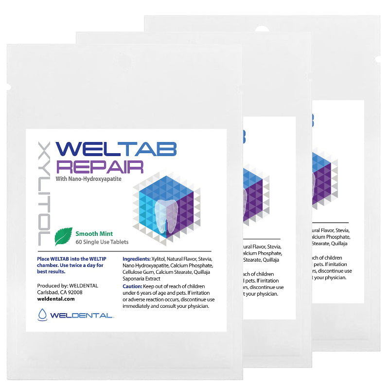 Three white stand-up pouches package for Weltab Xylitol Smooth Mint single-use tablets, with a large white front label featuring blue and purple text and a geometric logo, photographed on a white background.