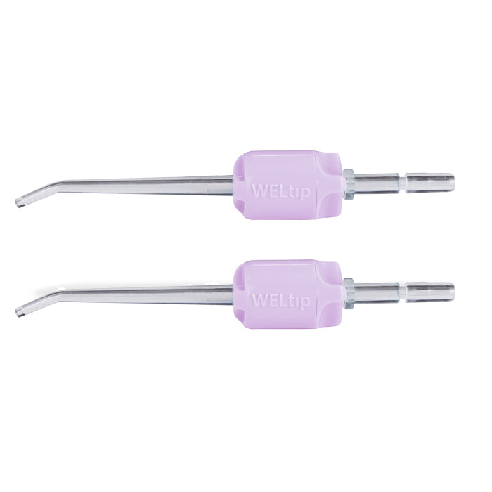 Two Weltip Infuster tips with light purple plastic chambers, each printed with the brand name 'WELtip', shown on a plain white background.