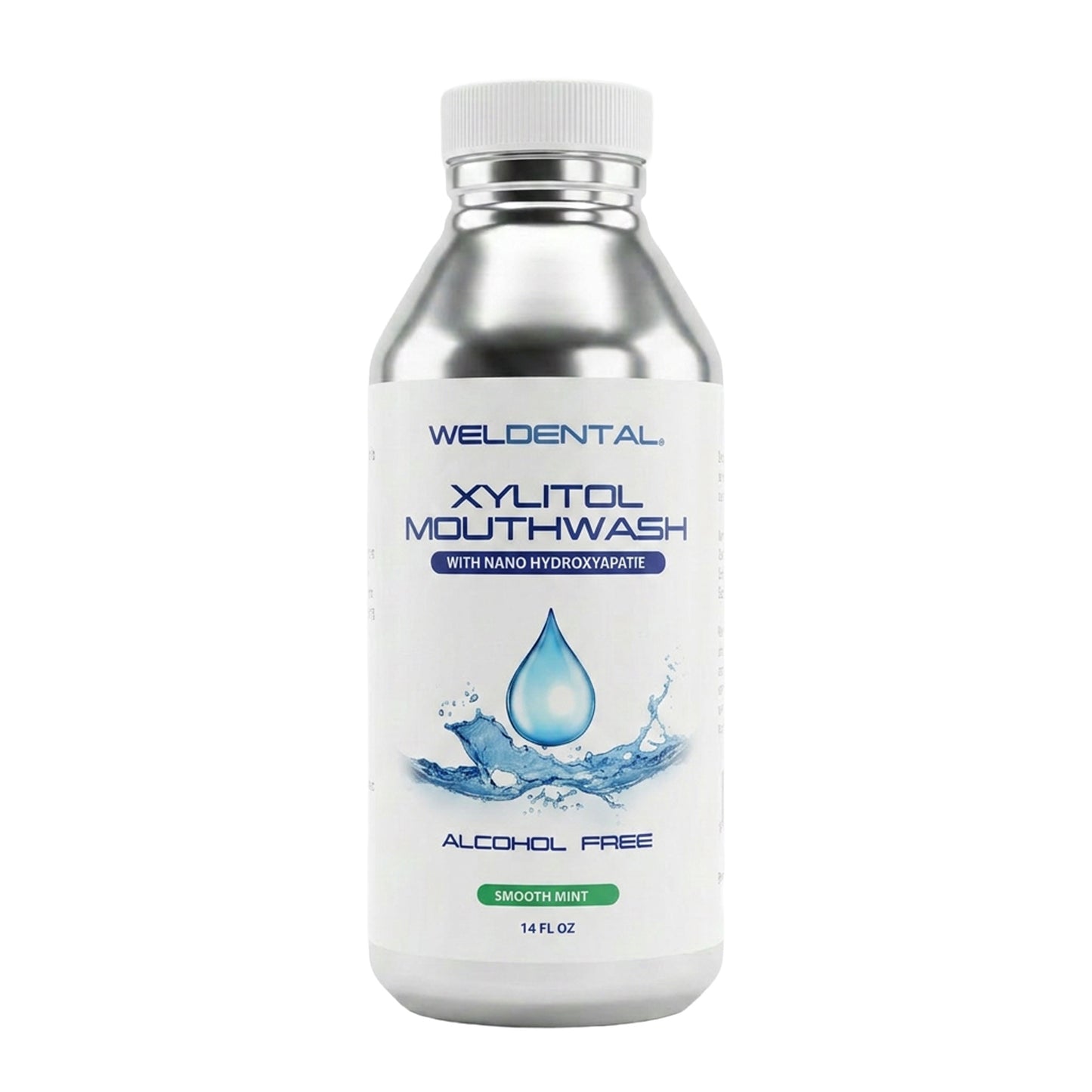 Nano hydroxyapatite mouthwash in an aluminum bottle with a white plastic cap.