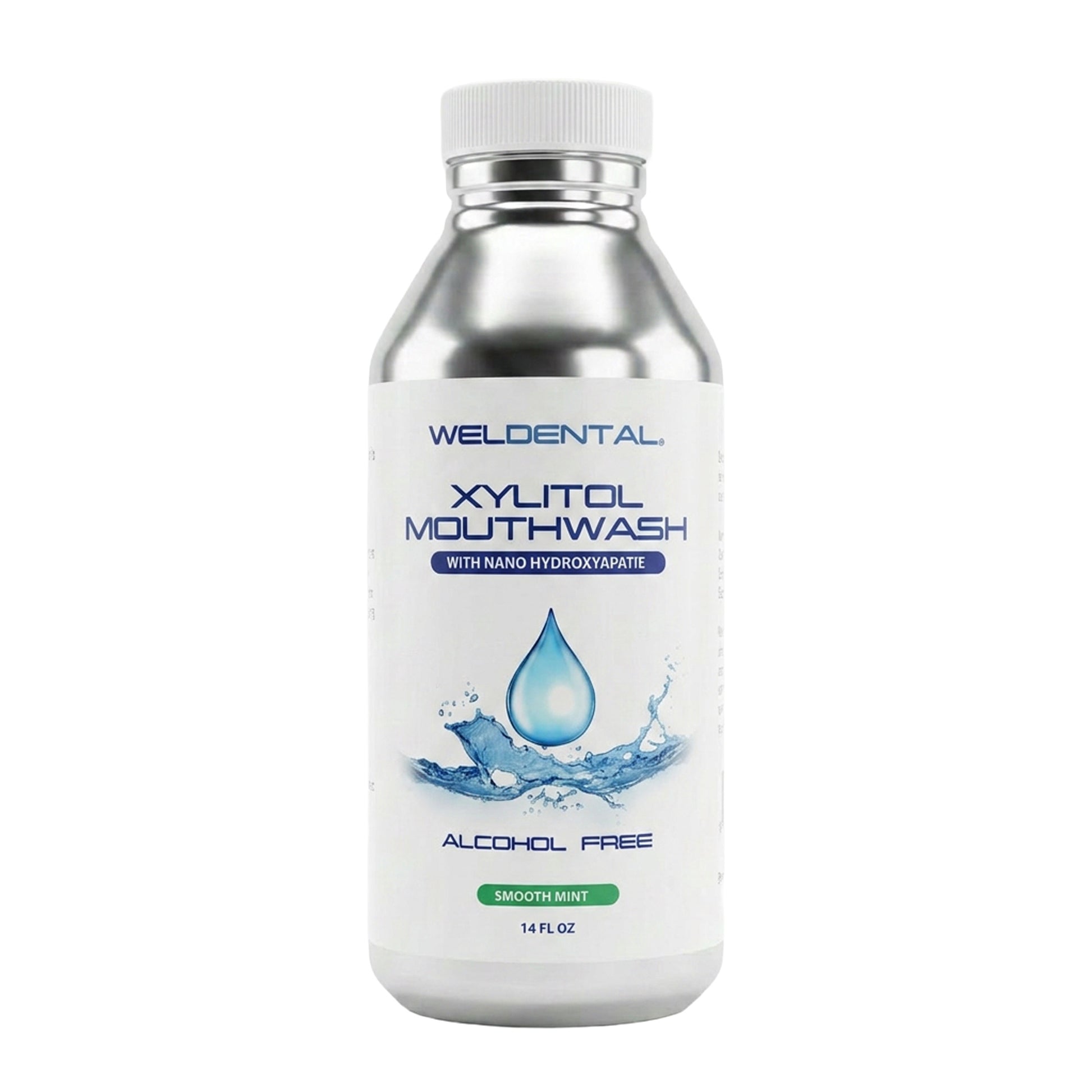 Nano hydroxyapatite mouthwash in an aluminum bottle with a white plastic cap.