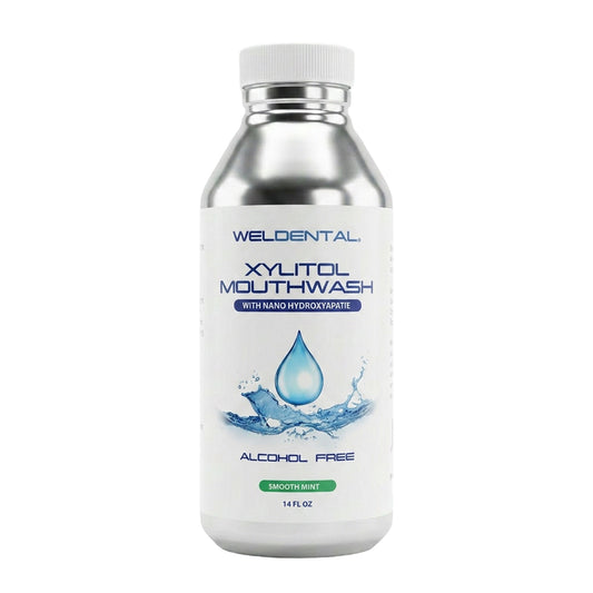 Nano hydroxyapatite mouthwash in an aluminum bottle with a white plastic cap.