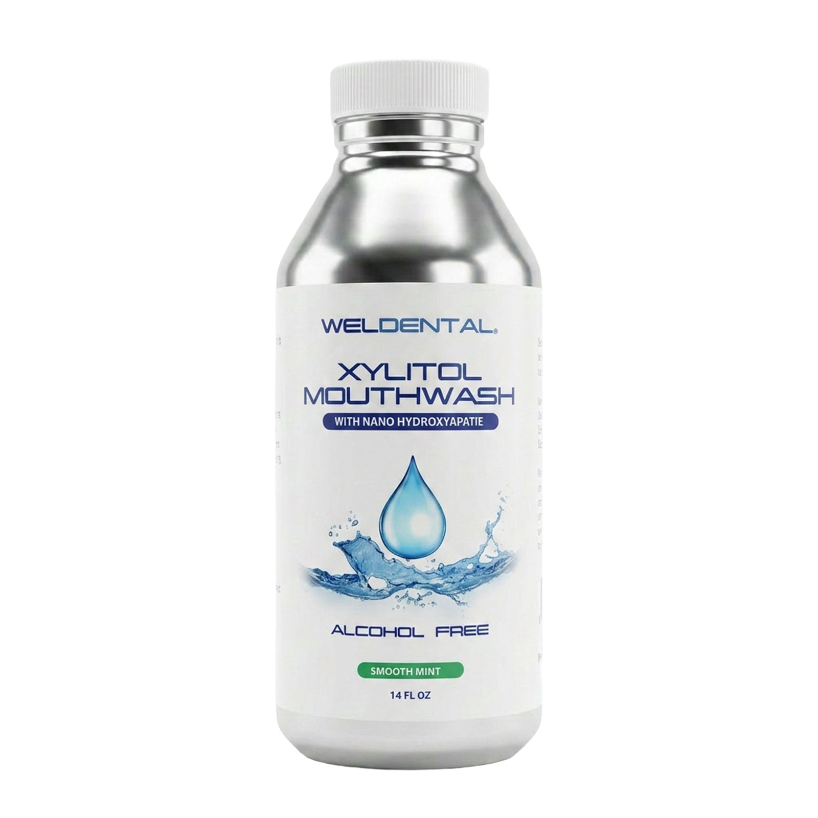 Nano hydroxyapatite mouthwash in an aluminum bottle with a white plastic cap.
