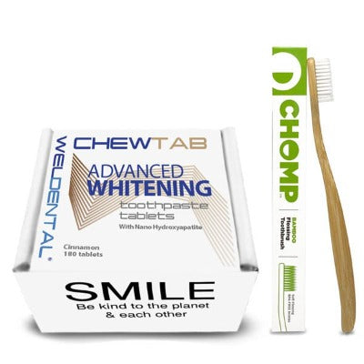 bamboo flossing toothbrush with cinnamon toothpaste tablets refill