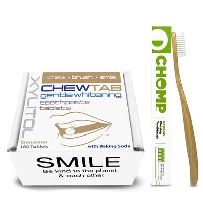 chomp bamboo toothbrush with cinnamon whitening toothpaste tablets refill