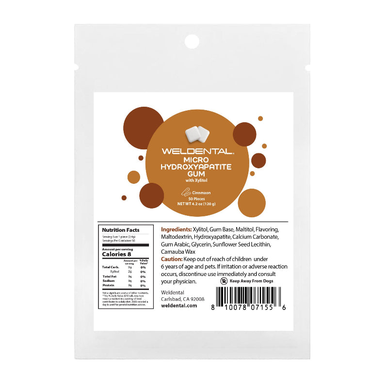 A white stand-up pouch of Welsental Micro Hydroxyapatite Gum with Kiesel, featuring a large white label with brown and orange graphics, a nutrition facts panel, ingredients list, and barcode.