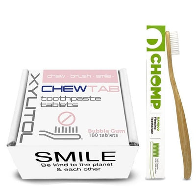 non abrasive toothpaste tablets bubble gum flavor with bamboo toothbrush