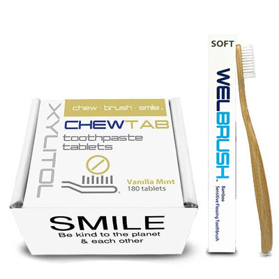 toothpaste tablets vanilla mint with toothbrush