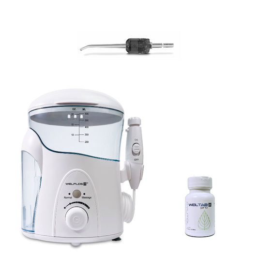 A white and clear water flosser shown on a white background, with a black Weltip above it and a small bottle labeled Weltab on the right.