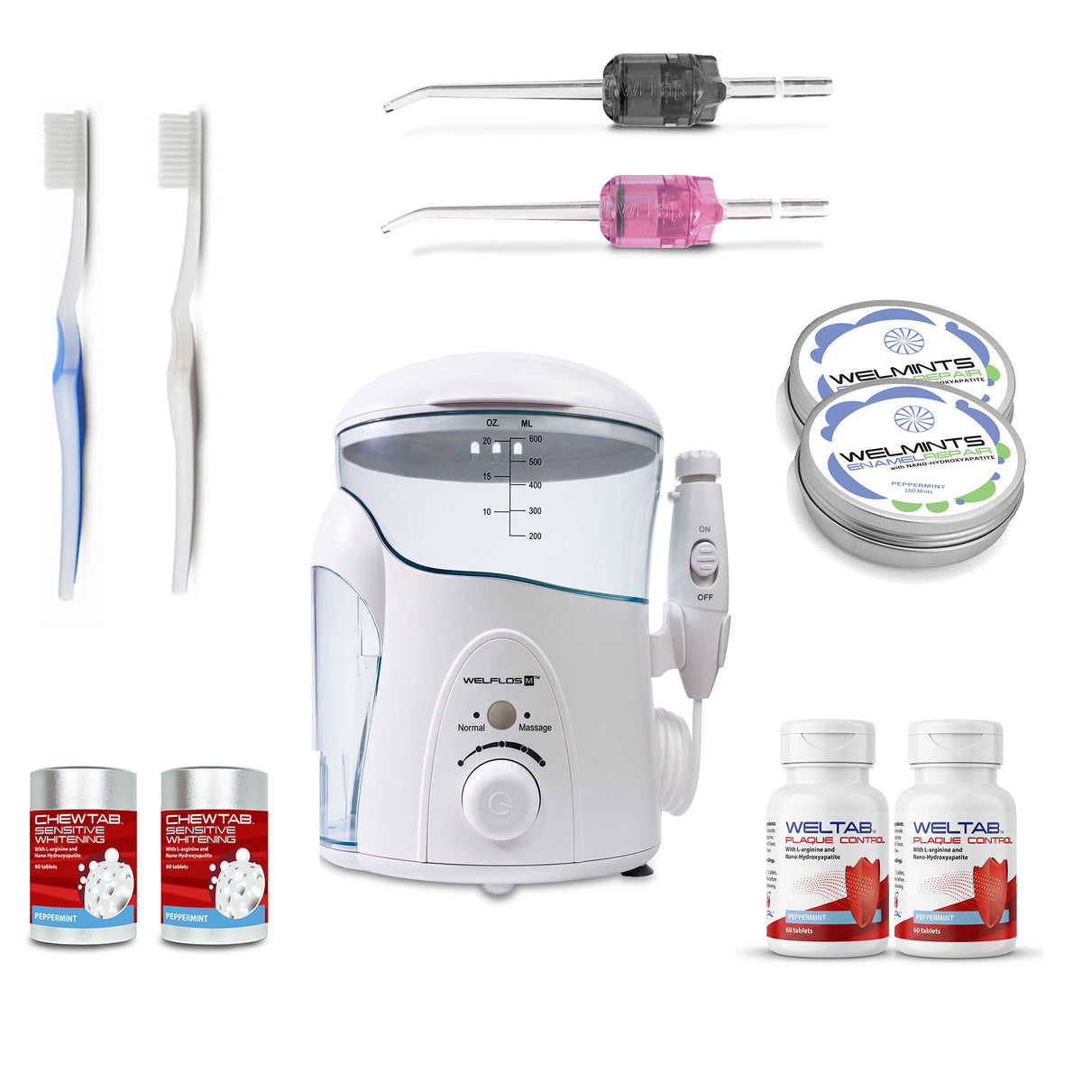 A white oral irrigator water flosser set with a clear water tank, handpiece, toothbrush,  black Weltip, pink Weltip, a small red-and-white bottle,  an aluminum container with mints, and a white-and-red bottle on a plain white background.