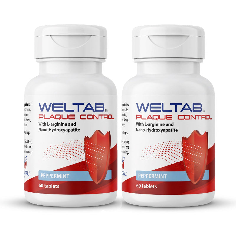 Two white plastic bottles of Weltab Plaque Control water flosser tablets with a white cap, featuring a red and white label with the brand name and product details.