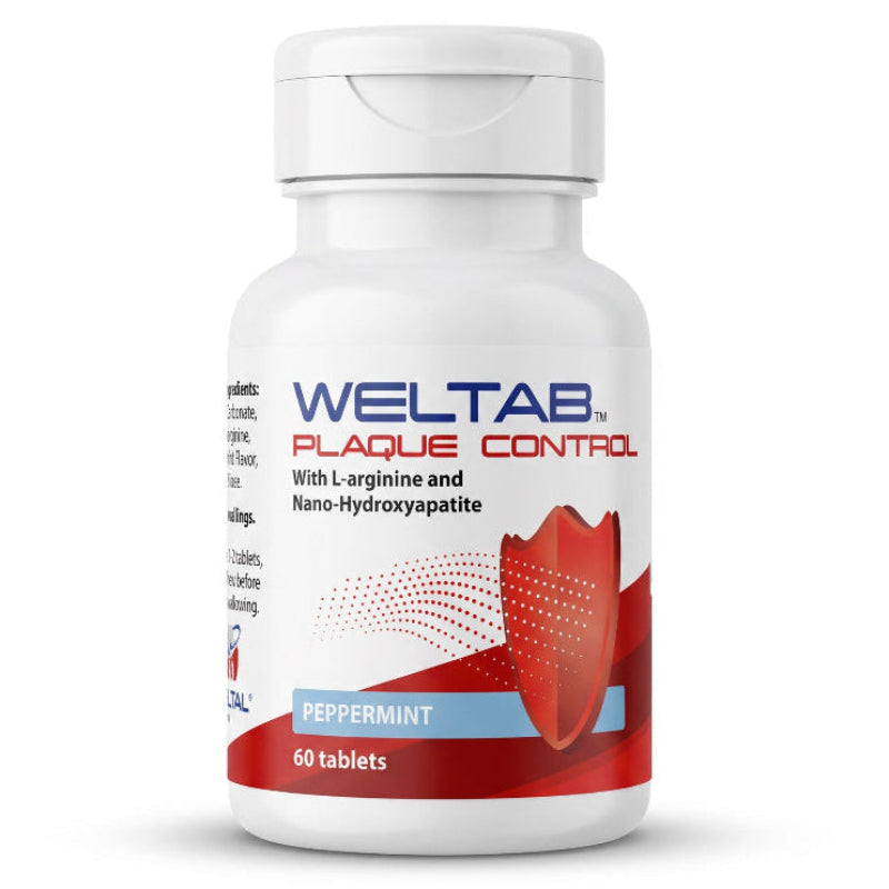 A white plastic bottle of Weltab Plaque Control water flosser tablets with a white cap, featuring a red and white label with the brand name and product details.