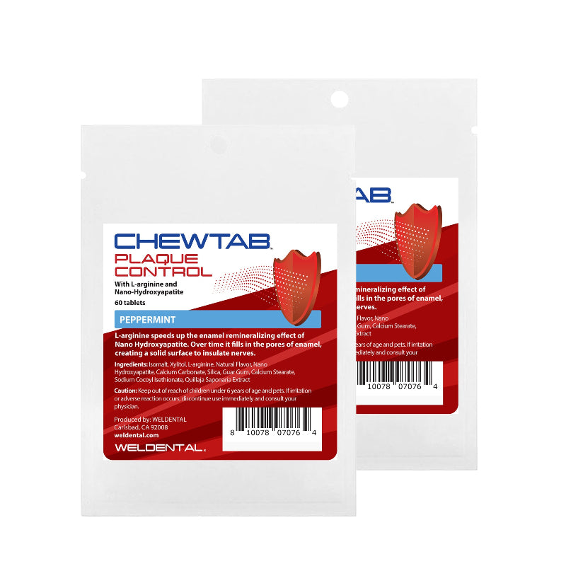 Two white envelopes with red and blue print containing peppermint plaque control water flosser tablets.