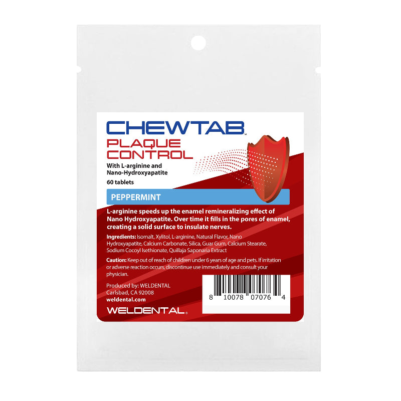 A white envelope with red and blue print containing peppermint plaque control water flosser tablets.