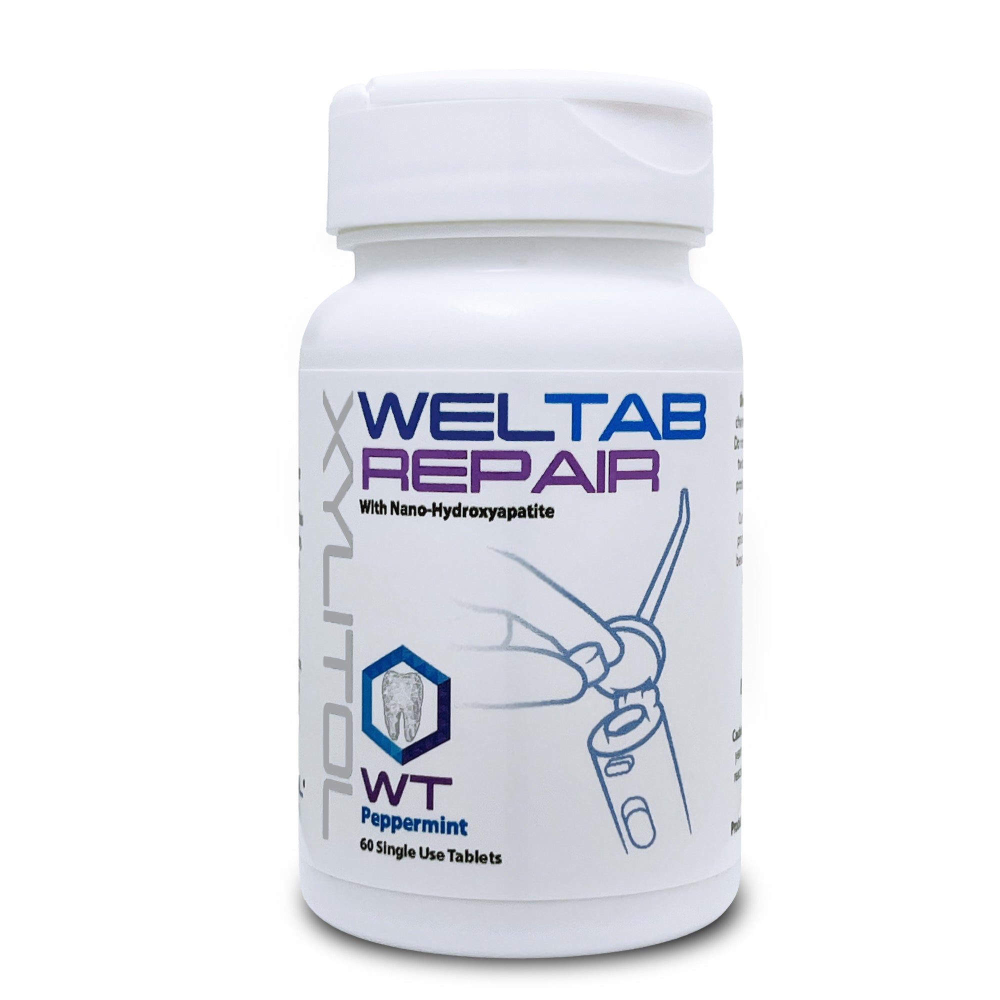 Weltab Repair WT water flosser tablets bottle on a white background