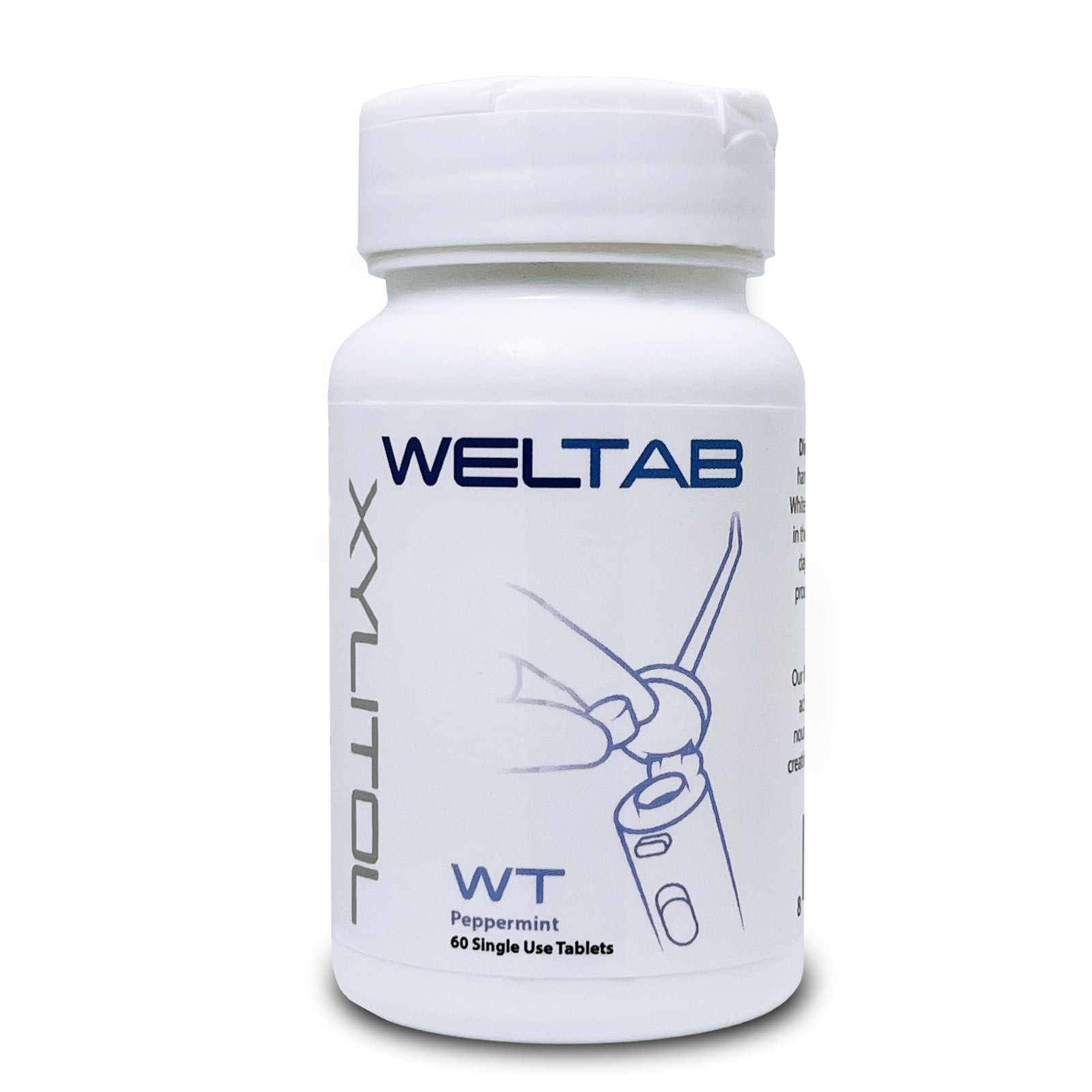White bottle labeled 'WELTAB WT' on a white background