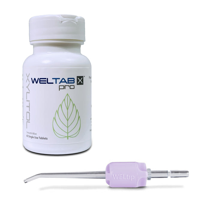 Weltab water flosser tablet bottle with a purple Weltip Infuser tip with a white background