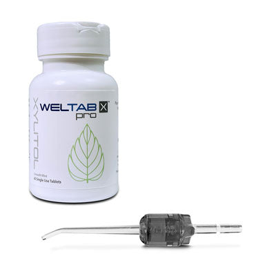 black weltip compatible with waterpik and bottle of weltab water flosser tablets