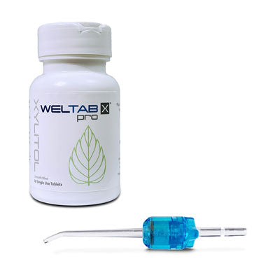 blue weltip compatible with waterpik and bottle of weltab water flosser tablets