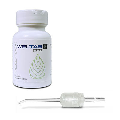 clear weltip compatible with waterpik and bottle of weltab water flosser tablets