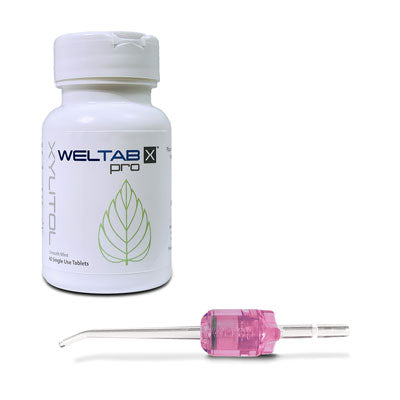 pink weltip compatible with waterpik and bottle of weltab water flosser tablets