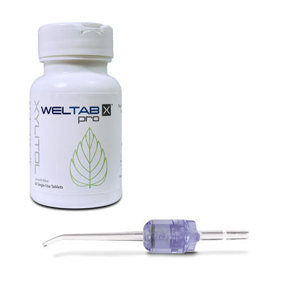 purple weltip compatible with waterpik and bottle of weltab water flosser tablets