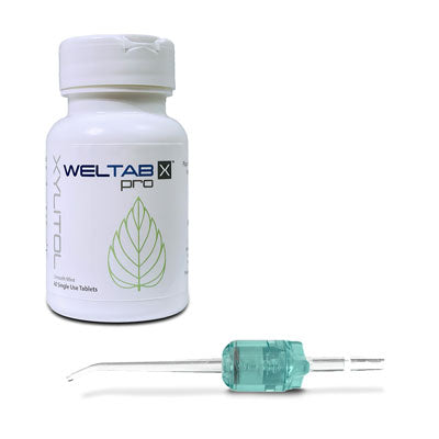 seafoam weltip compatible with waterpik and bottle of weltab water flosser tablets